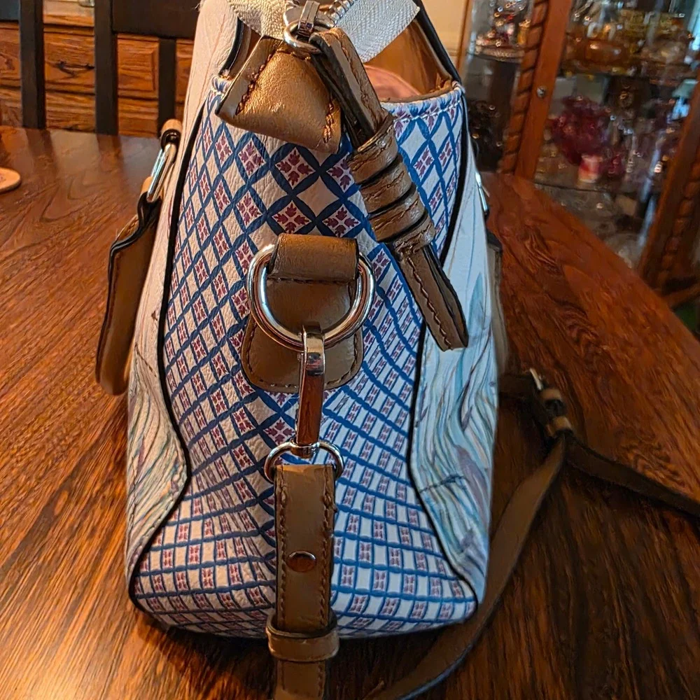 Parfois Dragonfly Nature Print Satchel Crossbody Bag Tan Blue White Cottagecore